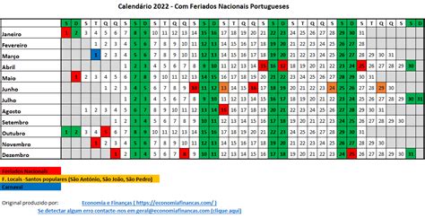 calendário 2022 com feriados portugal excel
